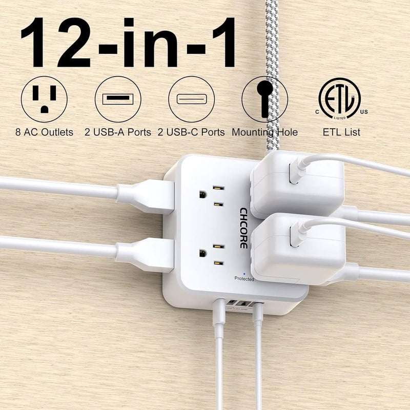 Core Surge Protector Power Strip - 20Ft Braided Extension Cord with 8 Outlets with 4 USB (2 USB C) Charging Ports, Flat Plug Multi Plug Outlet Extender Charging Station for Home Office, ETL, White - Image 2